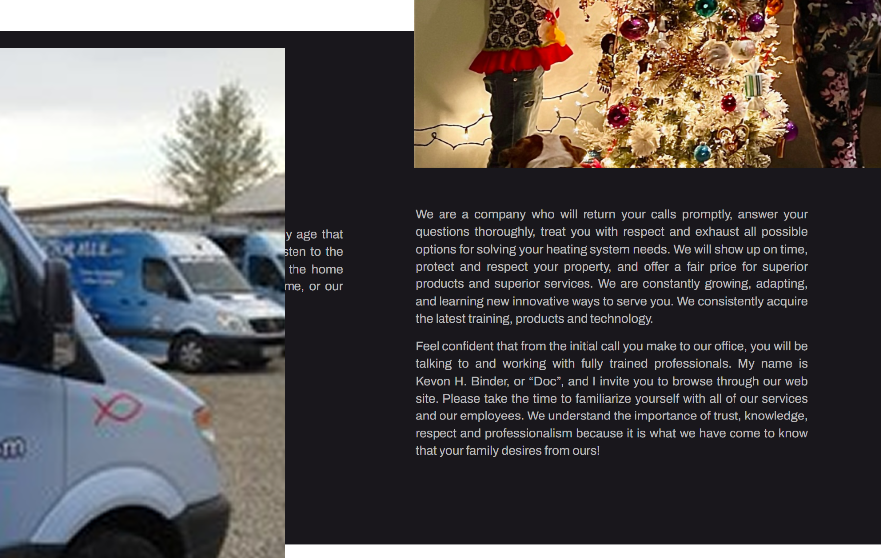 A section of the current Doctor Flue website where a panel of company vans overlaps the body text beside it, hiding several lines of a paragraph mid-sentence