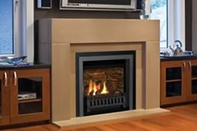 A gas fireplace burning in a living room